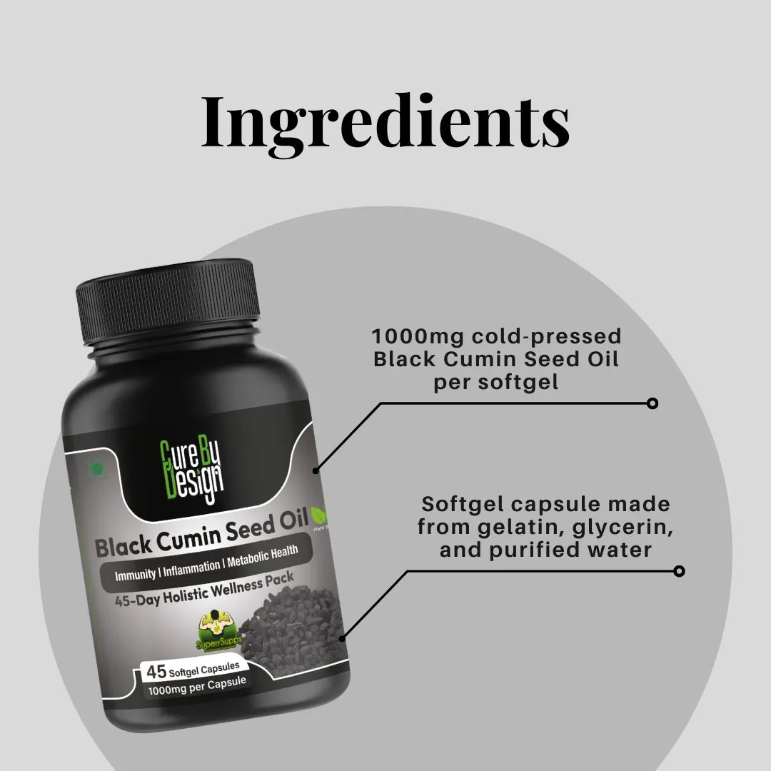 Cure By Design Black Cumin Seed Oil – Support Immunity, Digestion &amp; Healthy Skin Naturally – 45 Softgels, 1000mg