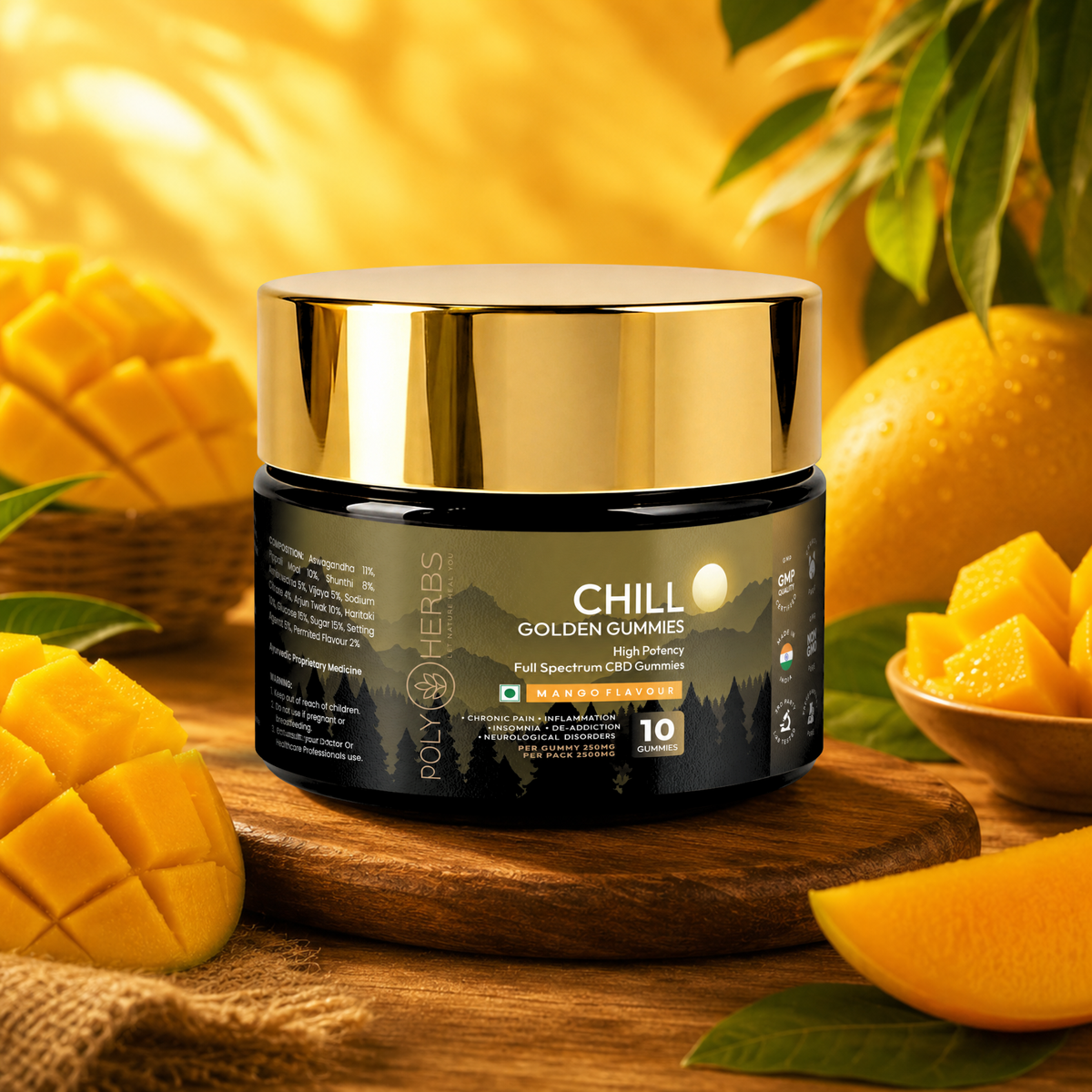 Polyherbs CHILL Golden Super Strong CBD THC Gummies 250mg Per Gummy