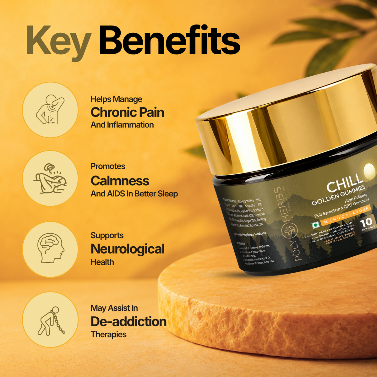 Polyherbs CHILL Golden Super Strong CBD THC Gummies 250mg Per Gummy