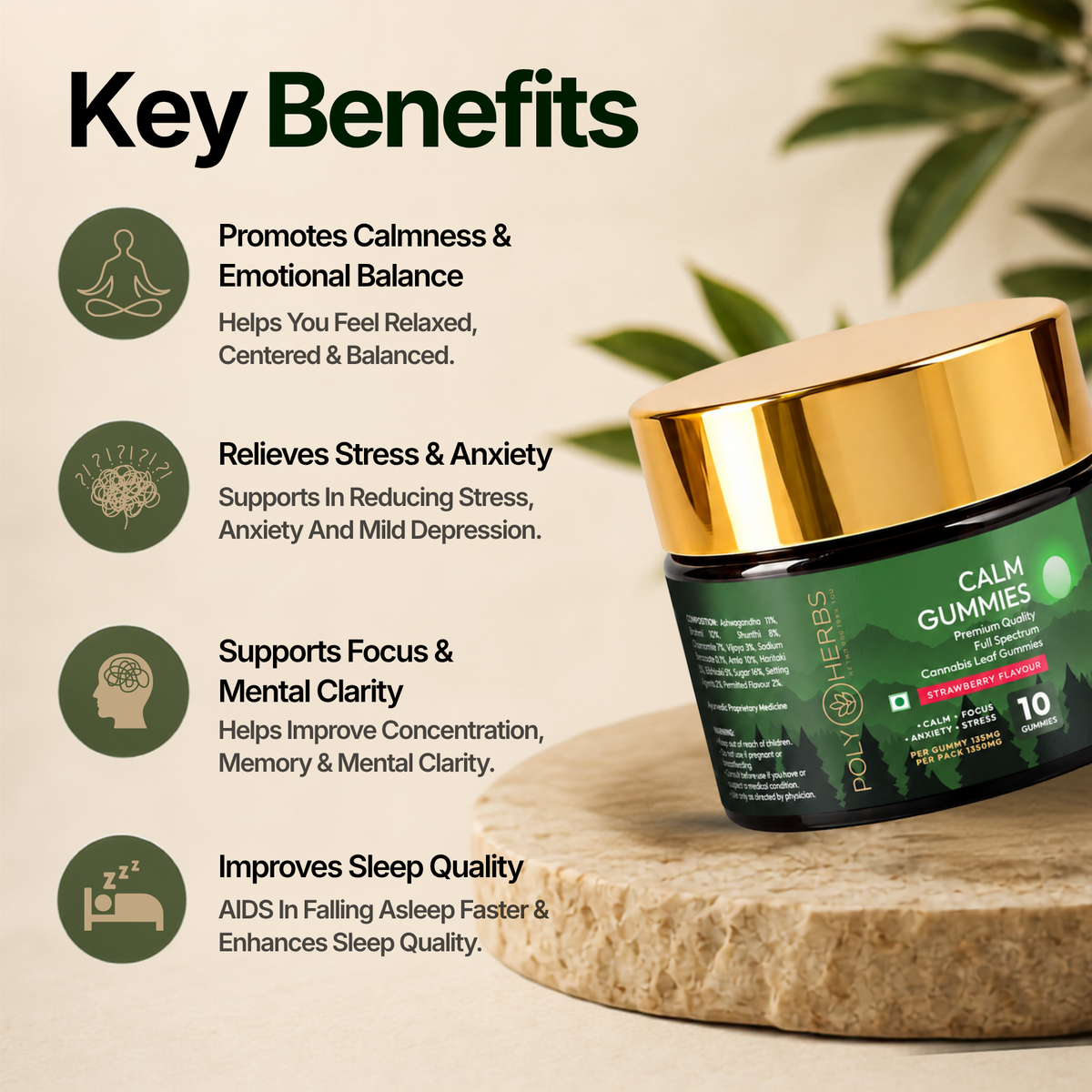 Polyherbs CALM CBD THC Gummies 135mg Per Gummy