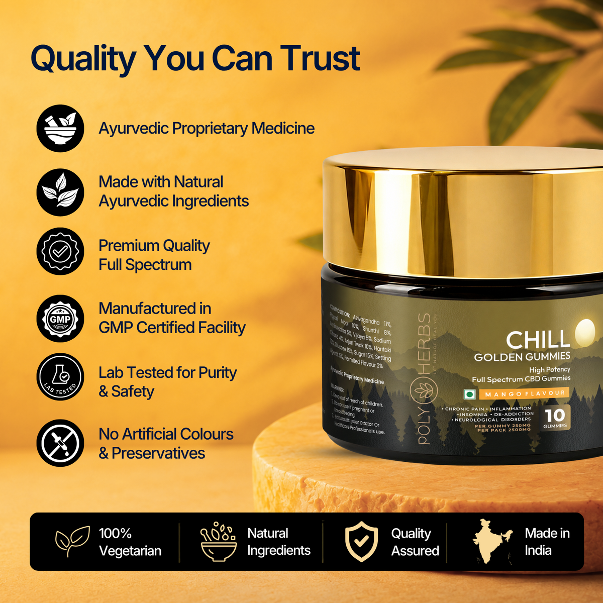 Polyherbs CHILL Golden Super Strong CBD THC Gummies 250mg Per Gummy
