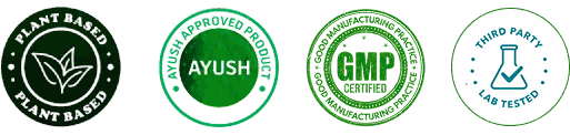 Plant Based, AYUSH Approved Product, GMP Certified, Third Party Lab Tested Badges
