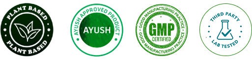 Plant Based, AYUSH Approved Product, GMP Certified, Third Party Lab Tested Badges