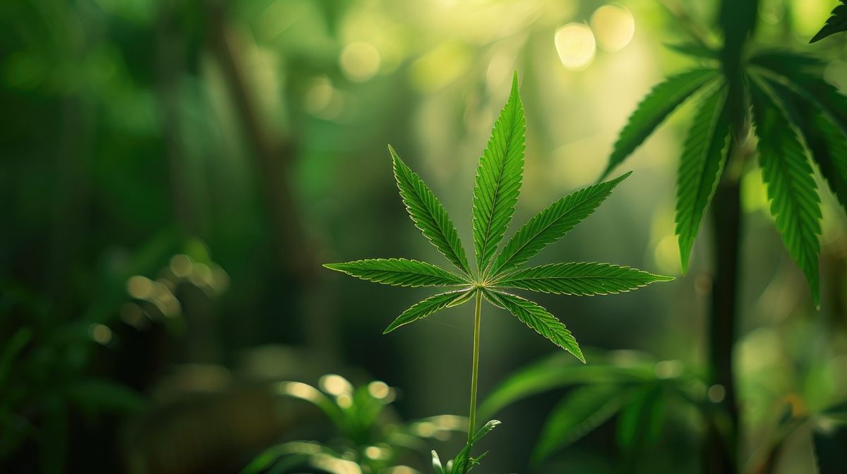 Whole-plant cannabis leaf in natural sunlight